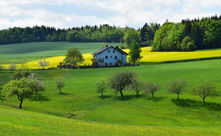 Charming farmhouse surrounded by vibrant fields and trees in a lush rural landscape.